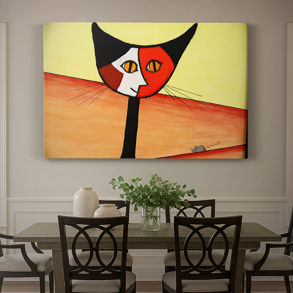 Canvas art print featuring a stylized cat face composed of bold geometric shapes, showcased as a statement wall artwork