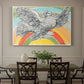Canvas art print featuring a simplified dove in flight above rainbow arc, showcased as a statement wall artwork