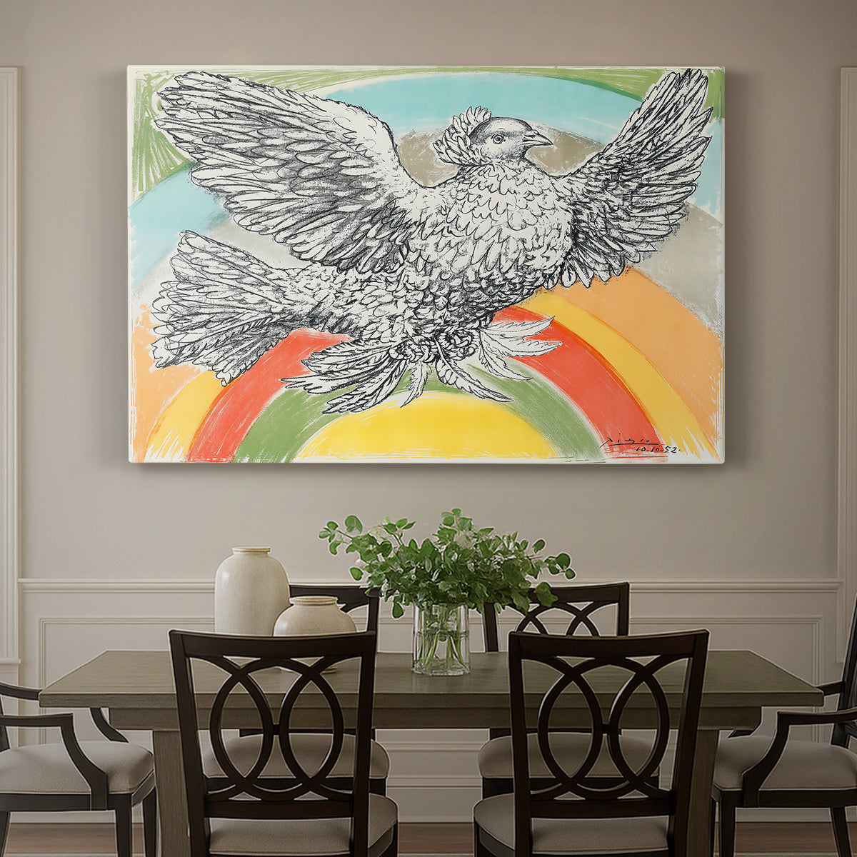 Canvas art print featuring a simplified dove in flight above rainbow arc, showcased as a statement wall artwork
