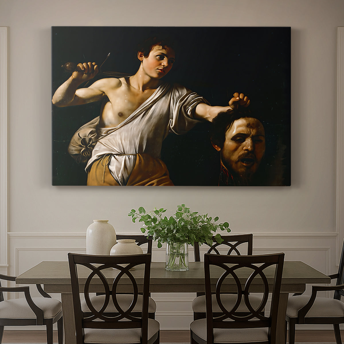 Canvas art print featuring a young David holding the severed head of Goliath against a dark background, showcased as a statement wall artwork