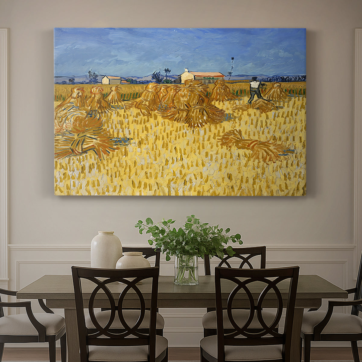 Canvas art print featuring stacked bundles of wheat arranged across harvested field under open sky, showcased as a statement wall artwork