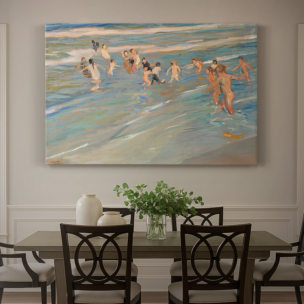 Canvas art print featuring children playing along shoreline with waves and wet sand, showcased as a statement wall artwork