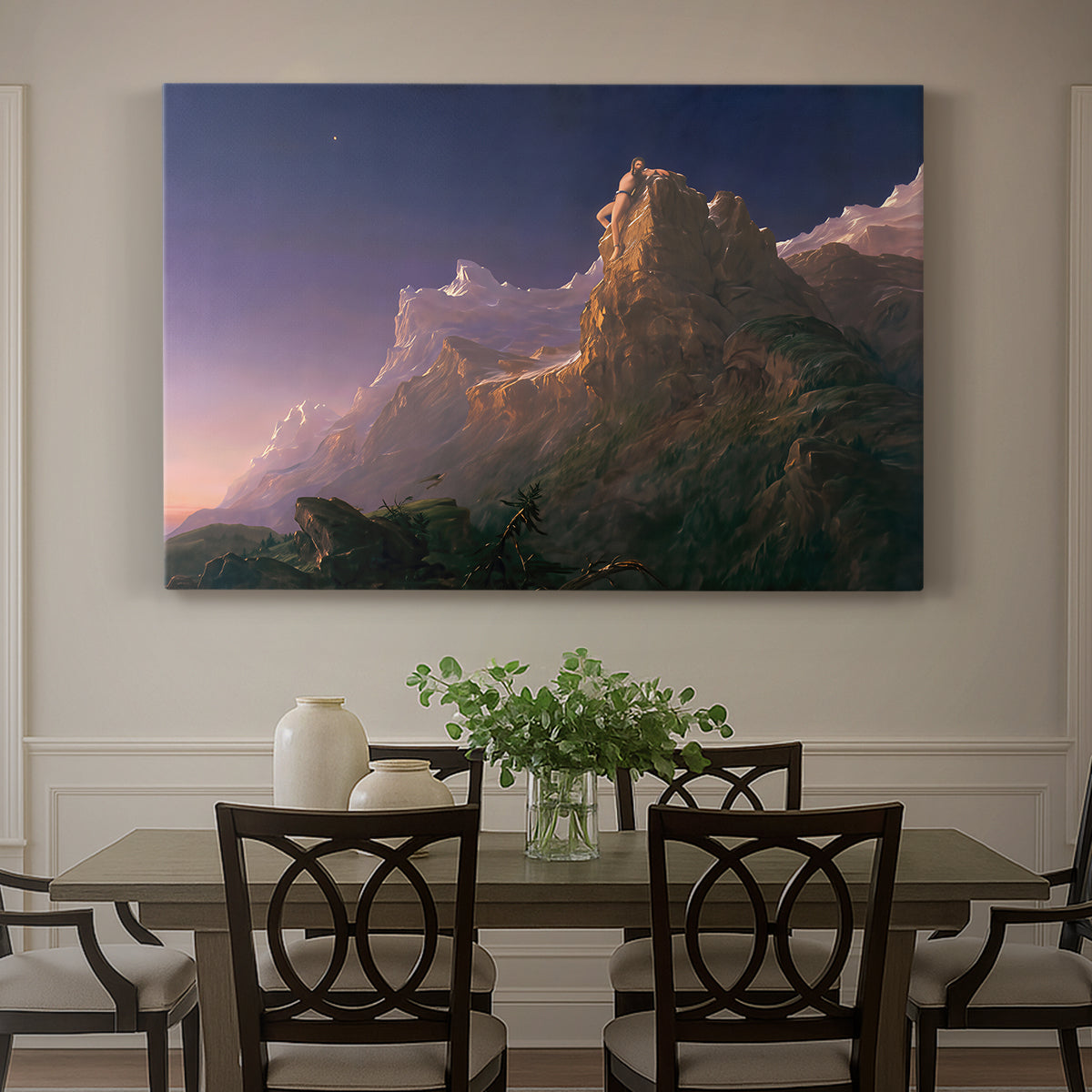 Canvas art print featuring a mythological figure chained within vast mountainous landscape, showcased as a statement wall artwork