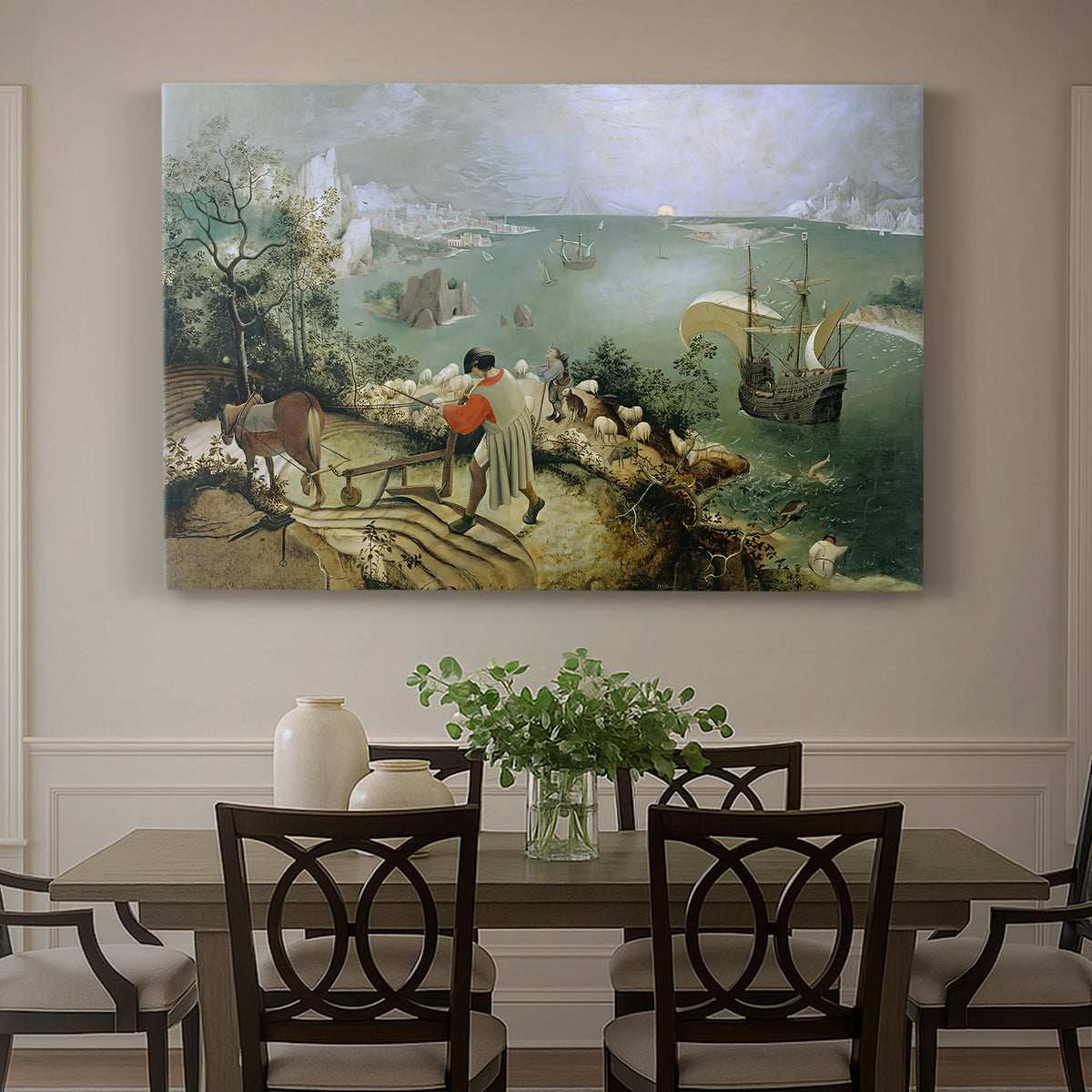 Canvas art print featuring a wide landscape with small figure falling into sea, showcased as a statement wall artwork