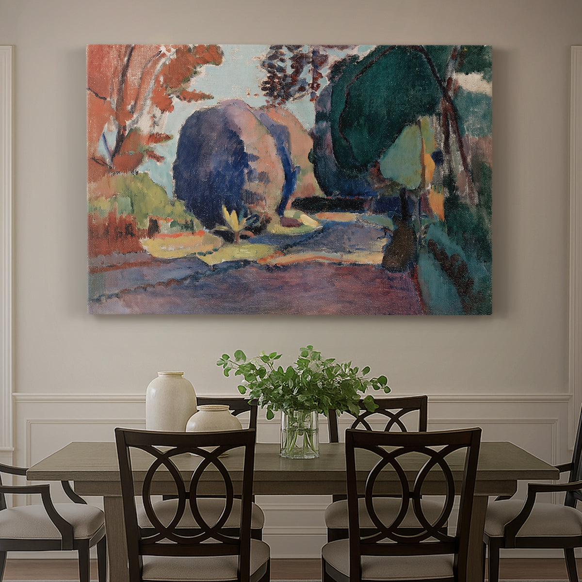 Canvas art print featuring a garden landscape with figure and dense greenery, showcased as a statement wall artwork