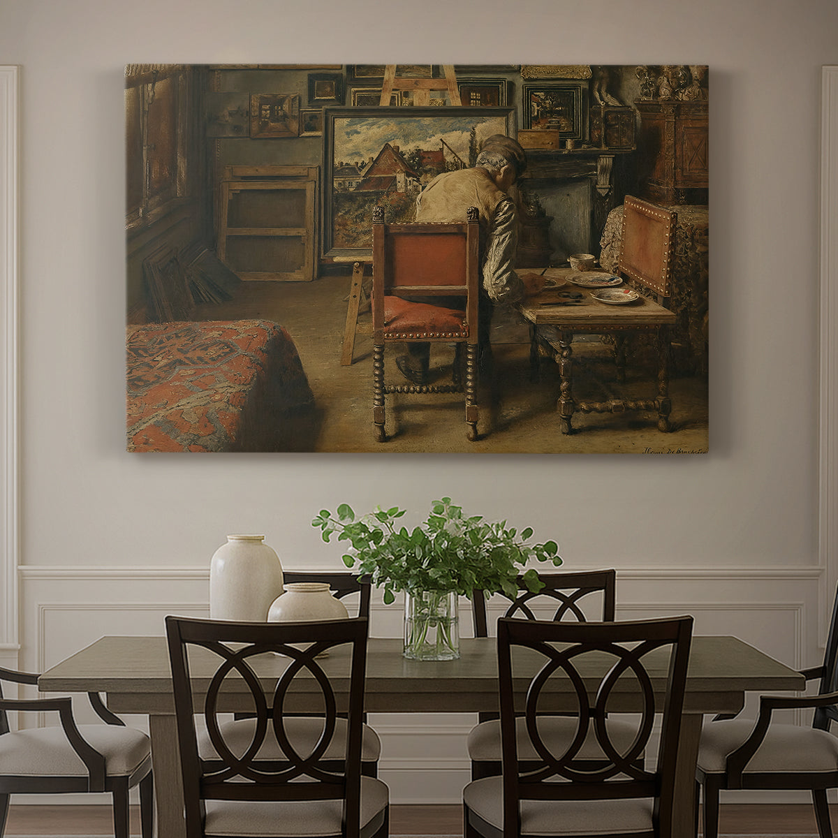 Canvas art print featuring a figure seated indoors carefully working on artwork at table, showcased as a statement wall artwork