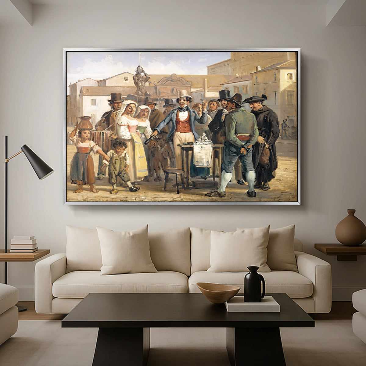 A Charlatan Selling Blacking in the Piazza Barberini in Rome, c. 1840-1849 - Floater Framed Canvas Print