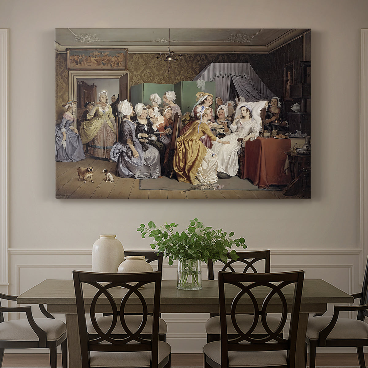 Canvas art print featuring women gathered around mother and newborn in domestic interior, showcased as a statement wall artwork