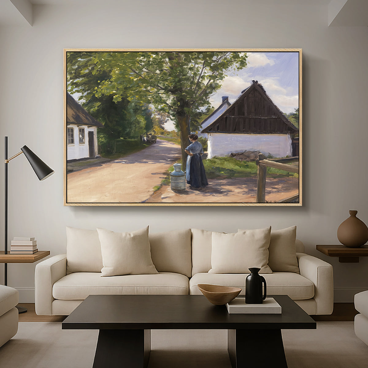 Danish Village Street with Woman and Milkman, 1880 - Floater Framed Canvas Print