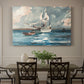 Canvas art print featuring a single sailboat moving across bright blue water under clear sky, showcased as a statement wall artwork
