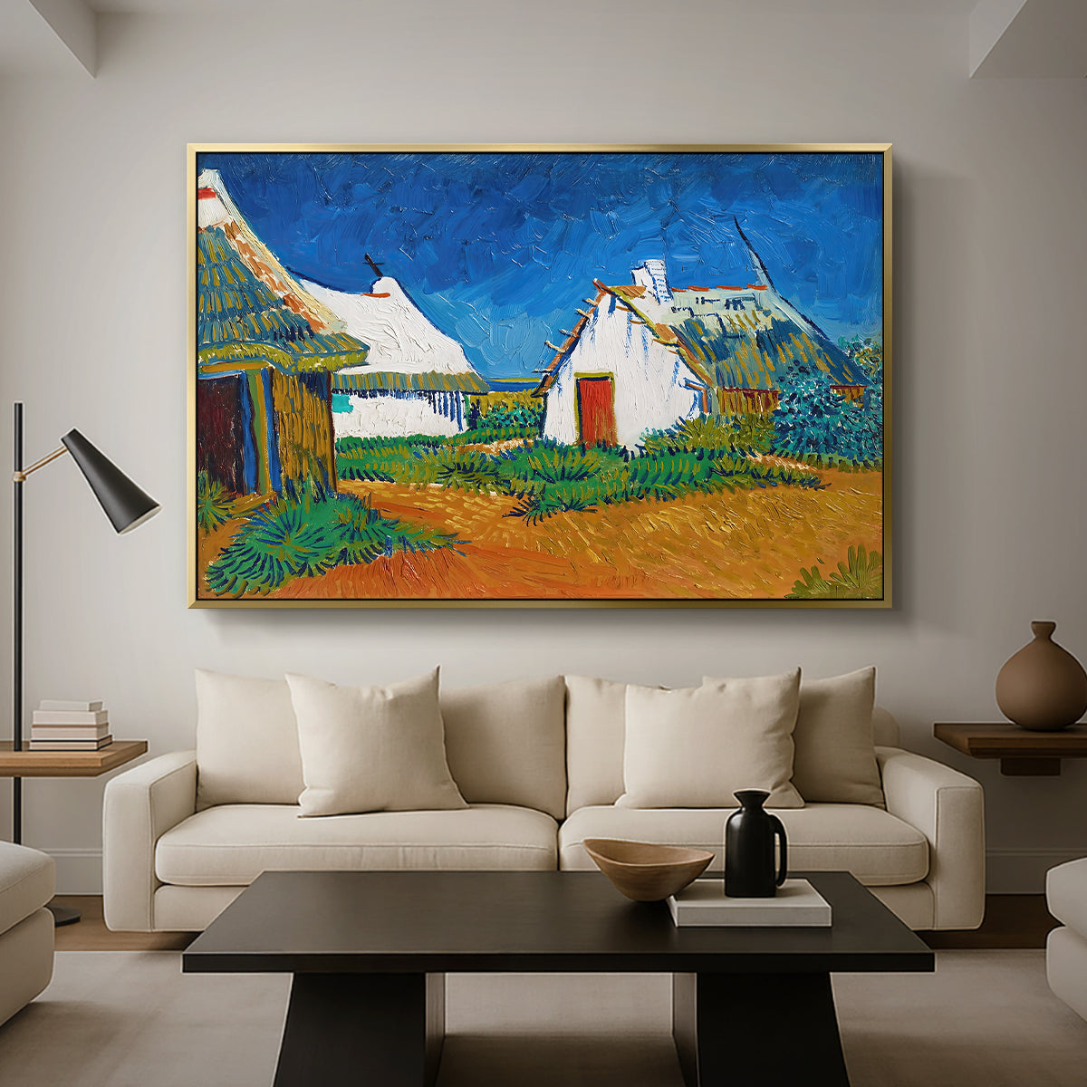 Three White Cottages at Saintes-Maries, 1888 - Floater Framed Canvas Print