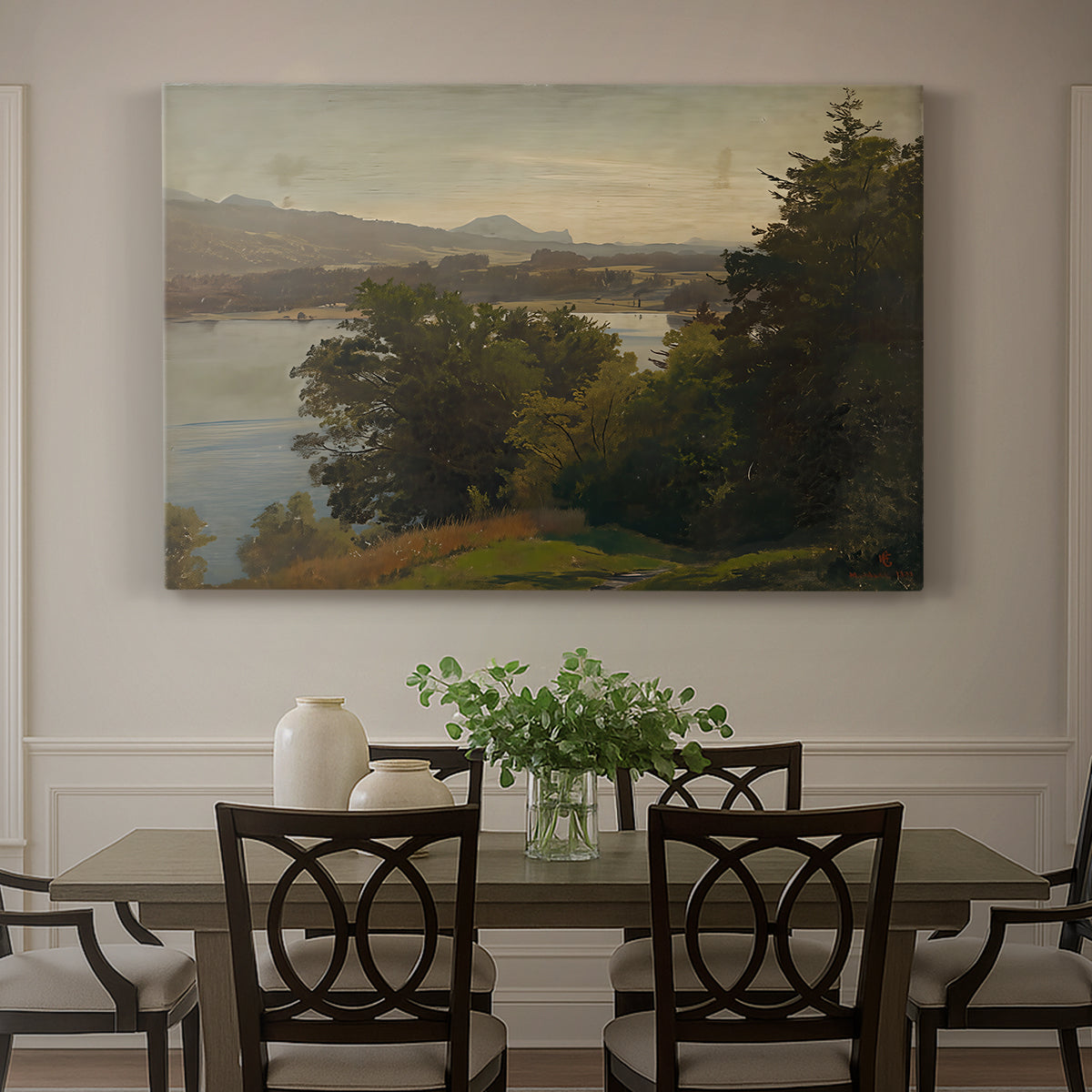 Canvas art print featuring a lake surrounded by hills with reflective water and open sky, showcased as a statement wall artwork