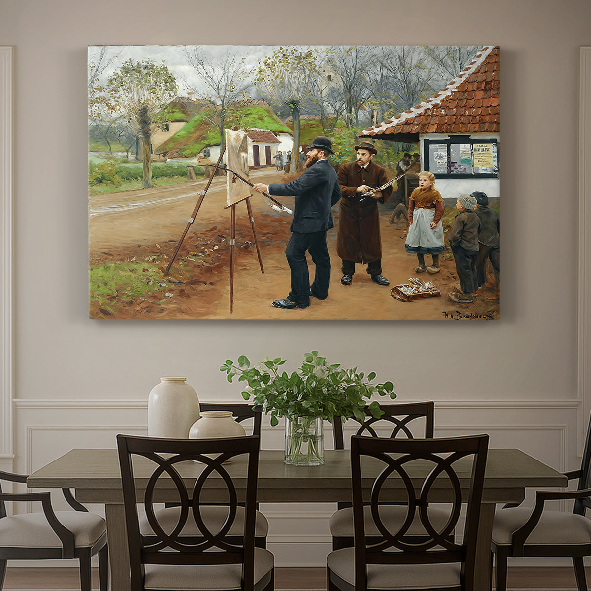 Canvas art print featuring a group of people gathered outdoors near buildings in rural village, showcased as a statement wall artwork