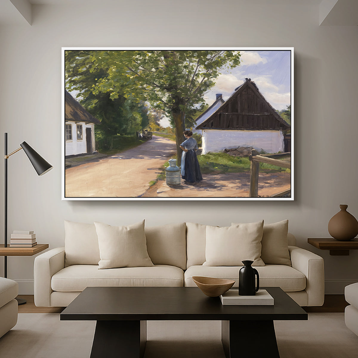 Danish Village Street with Woman and Milkman, 1880 - Floater Framed Canvas Print