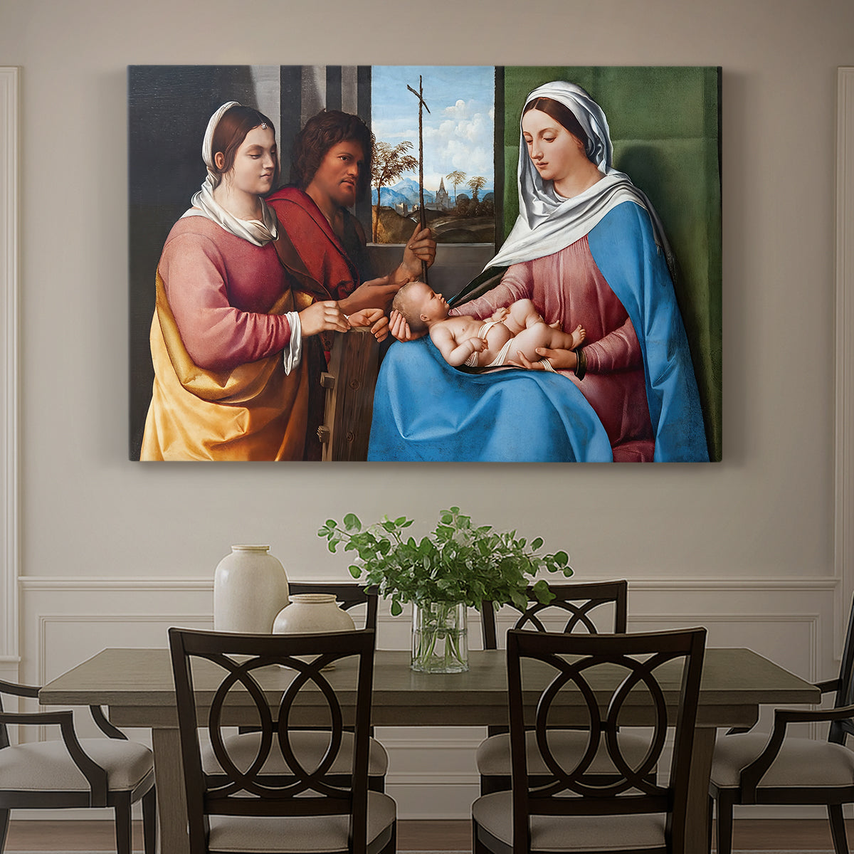 Canvas art print featuring a group of figures seated together in calm religious setting with soft landscape background, showcased as a statement wall artwork