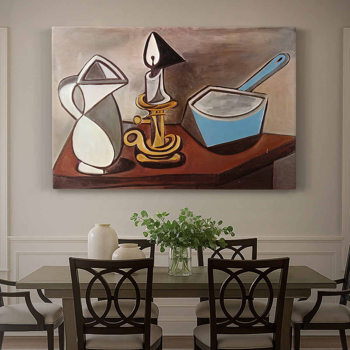 Canvas art print featuring a still life with jug candle and pan in angular composition, showcased as a statement wall artwork