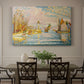 Canvas art print featuring a pointillist landscape of lighthouse and boats, showcased as a statement wall artwork