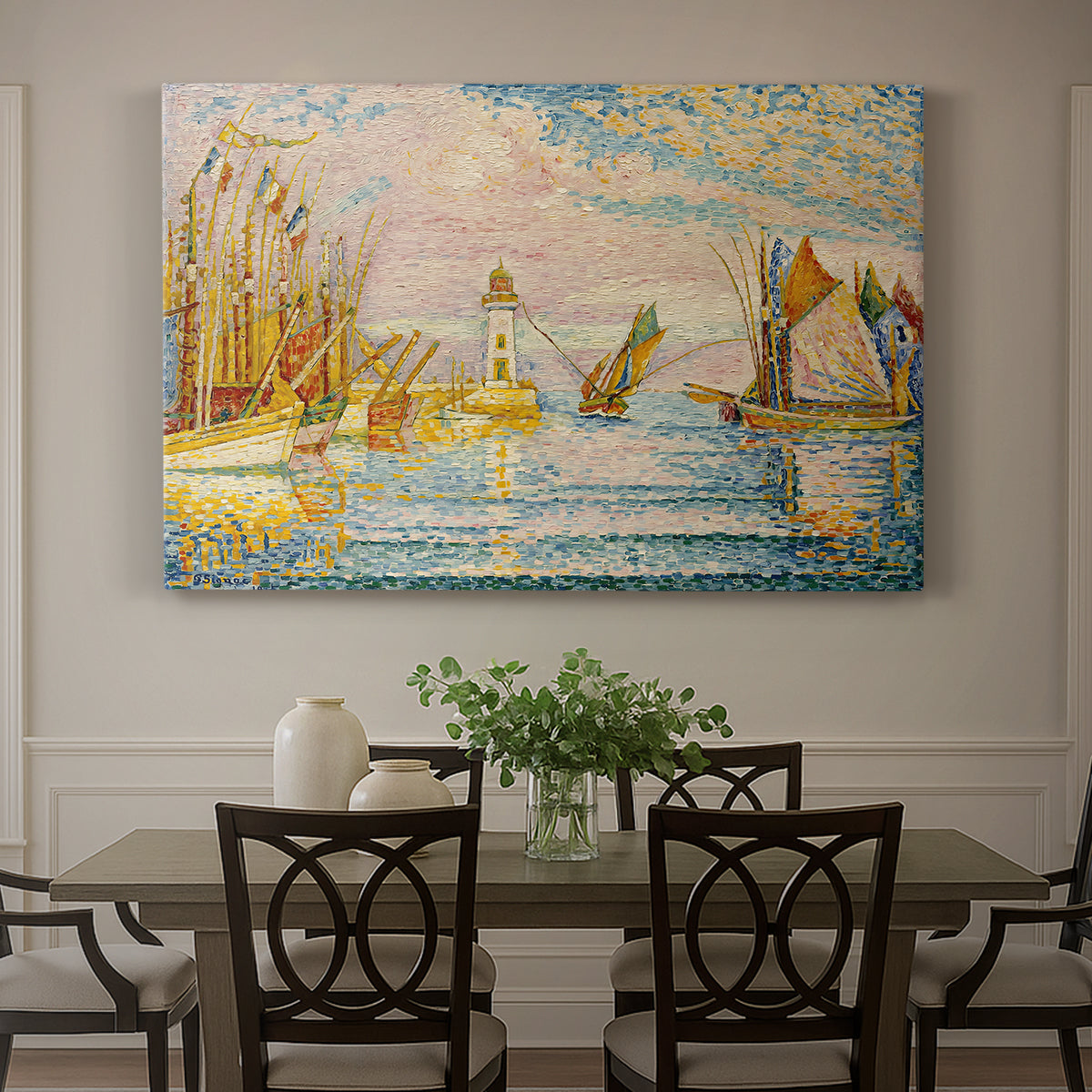Canvas art print featuring a pointillist landscape of lighthouse and boats, showcased as a statement wall artwork