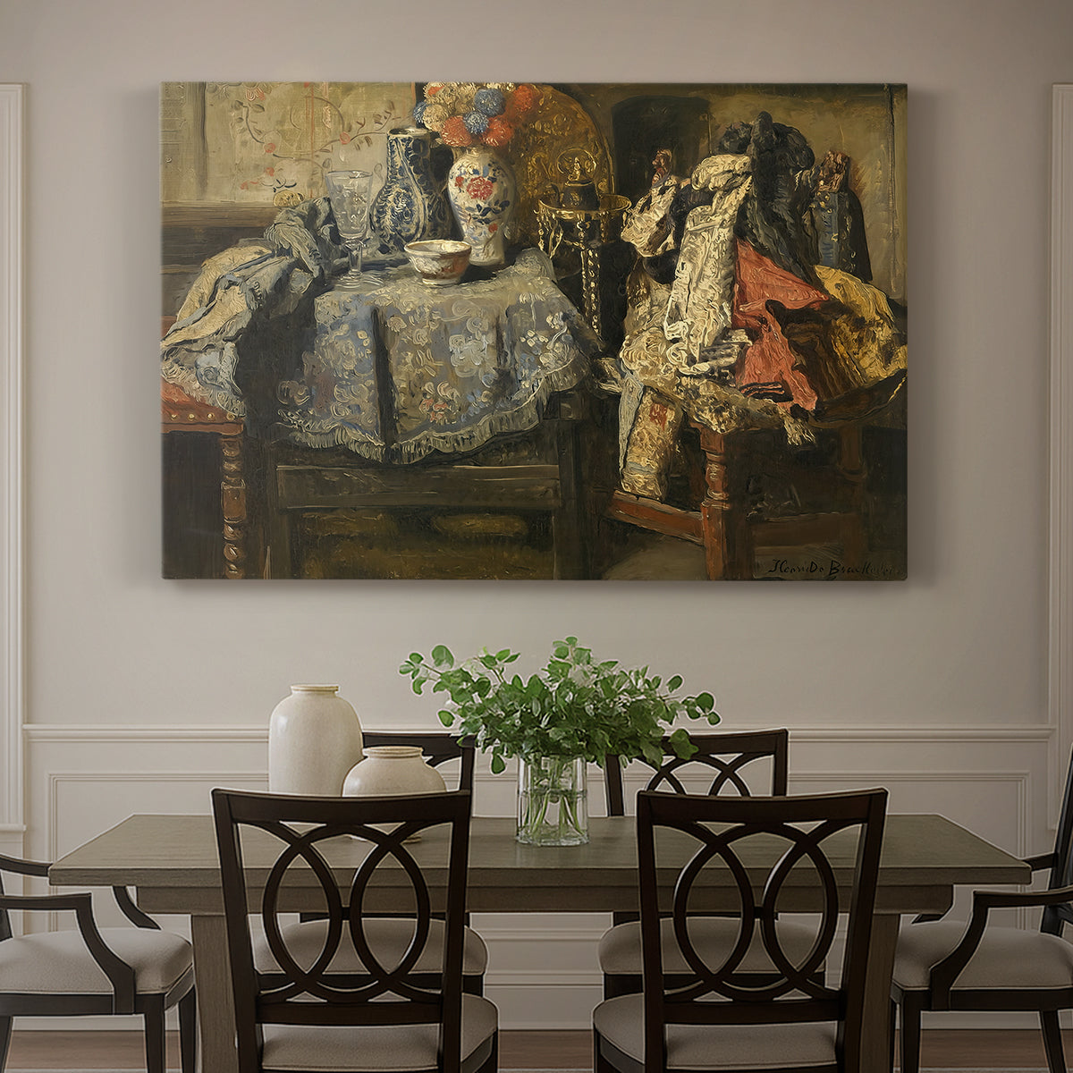 Canvas art print featuring an assortment of objects arranged on table in detailed still life composition, showcased as a statement wall artwork