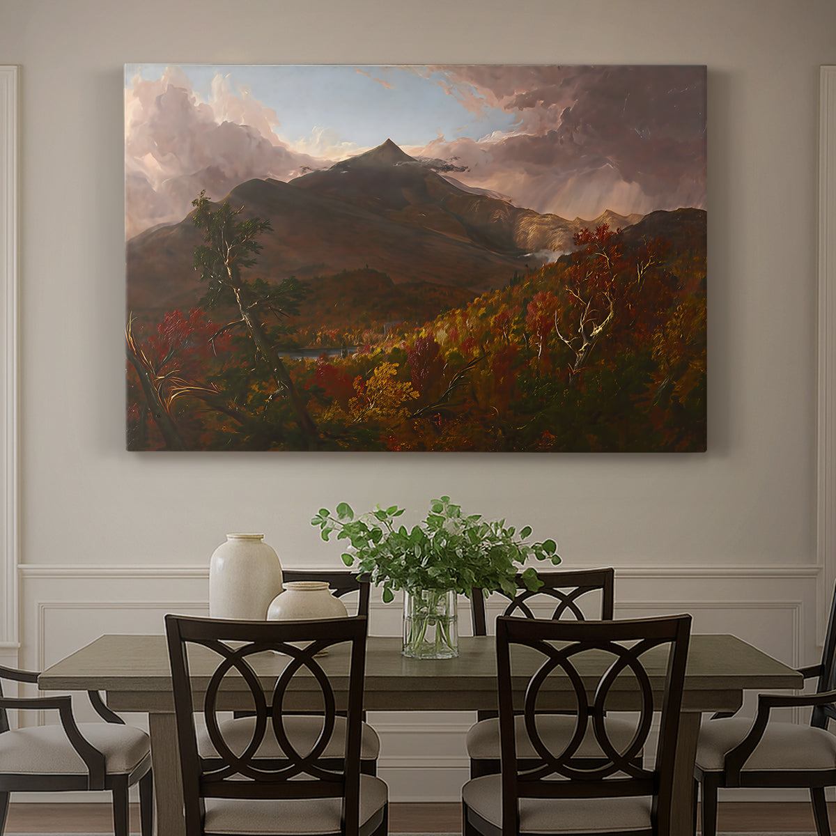 Canvas art print featuring a mountain landscape clearing after storm with sunlight breaking through clouds, showcased as a statement wall artwork