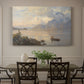 Canvas art print featuring a lake surrounded by mountains with boats on calm water, showcased as a statement wall artwork