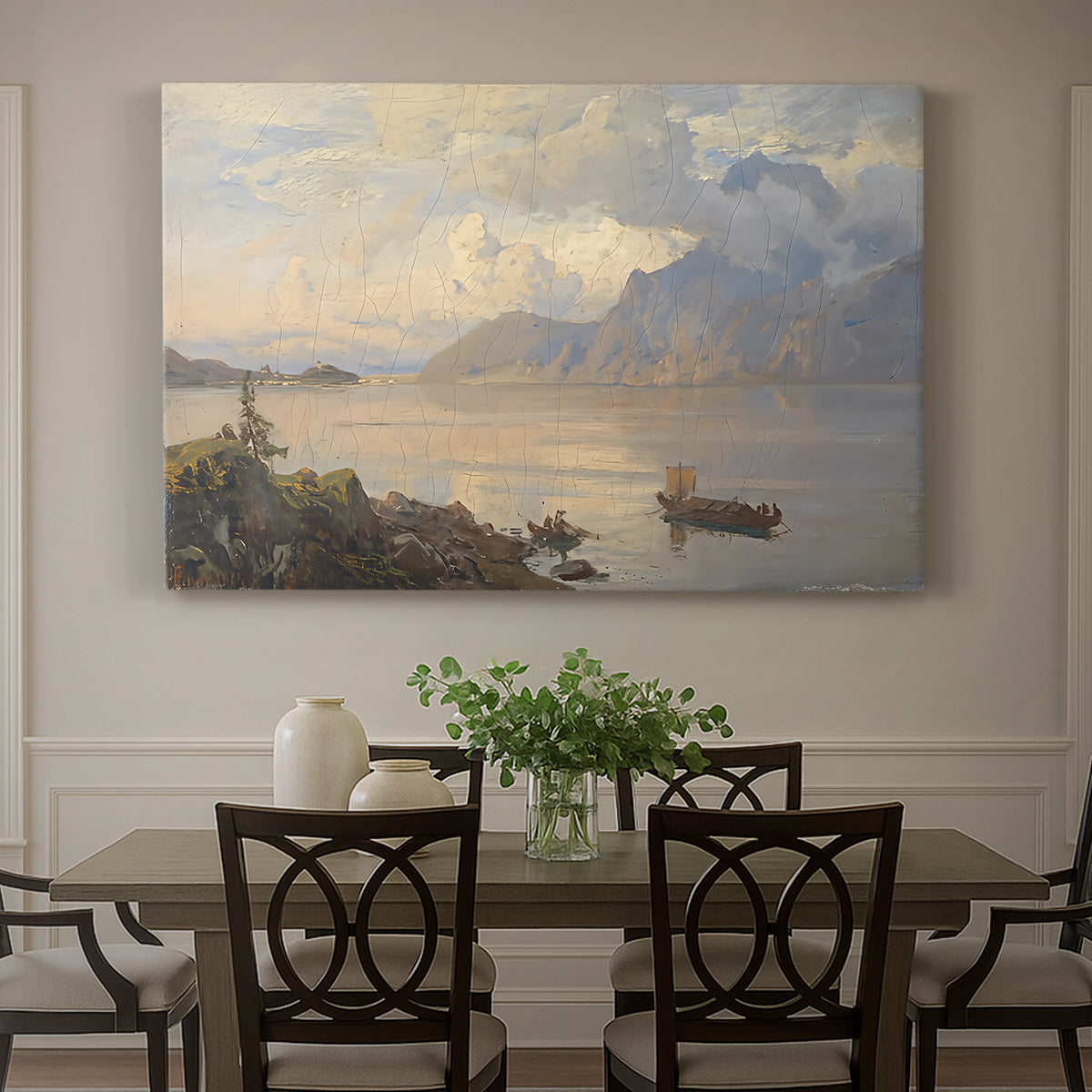 Canvas art print featuring a lake surrounded by mountains with boats on calm water, showcased as a statement wall artwork
