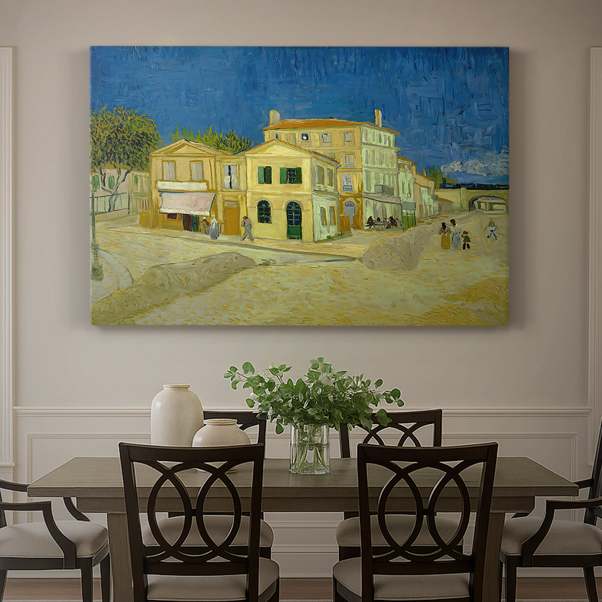 Canvas art print featuring a street view with bright yellow house and neighboring buildings under blue sky, showcased as a statement wall artwork