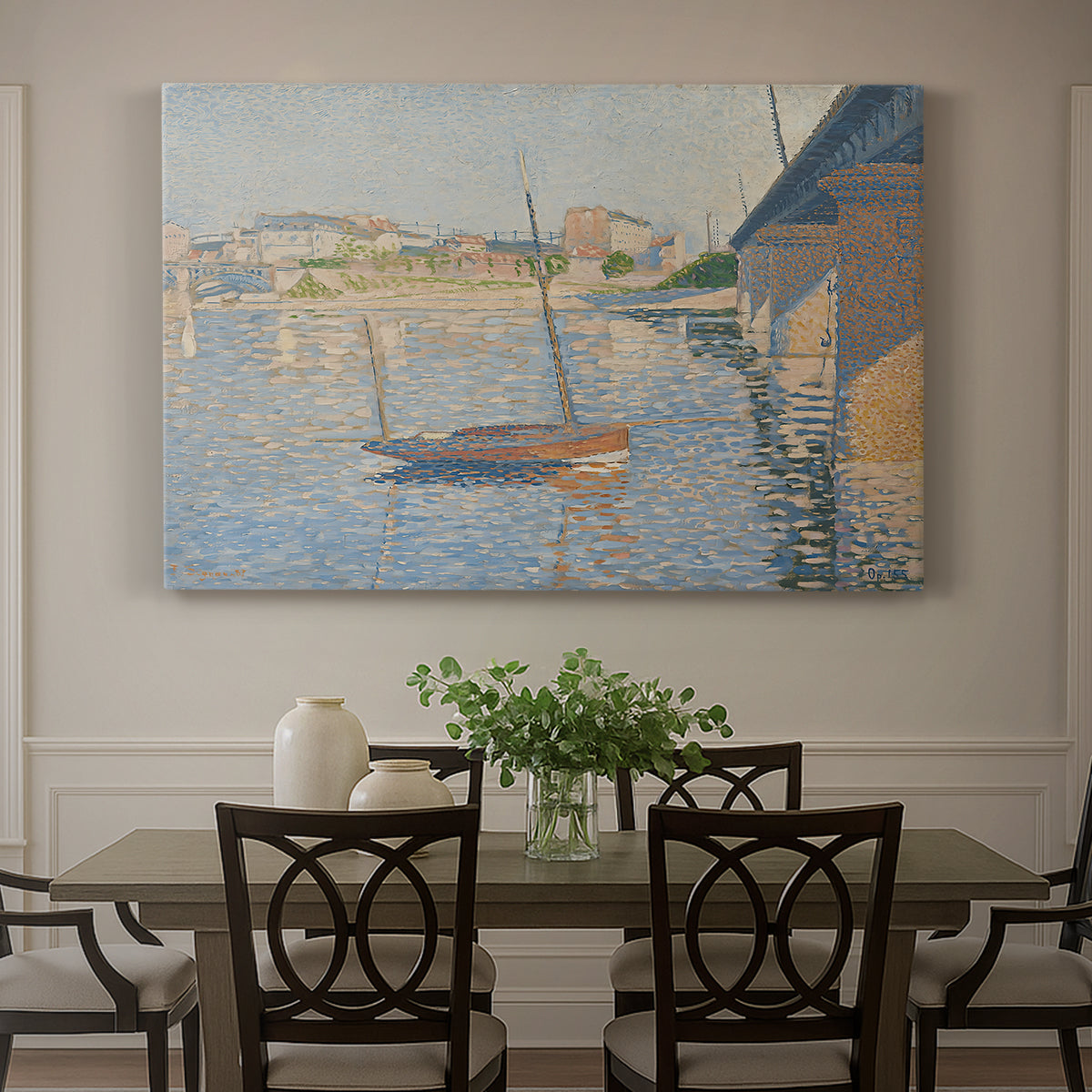 Canvas art print featuring boats docked along river with masts, showcased as a statement wall artwork