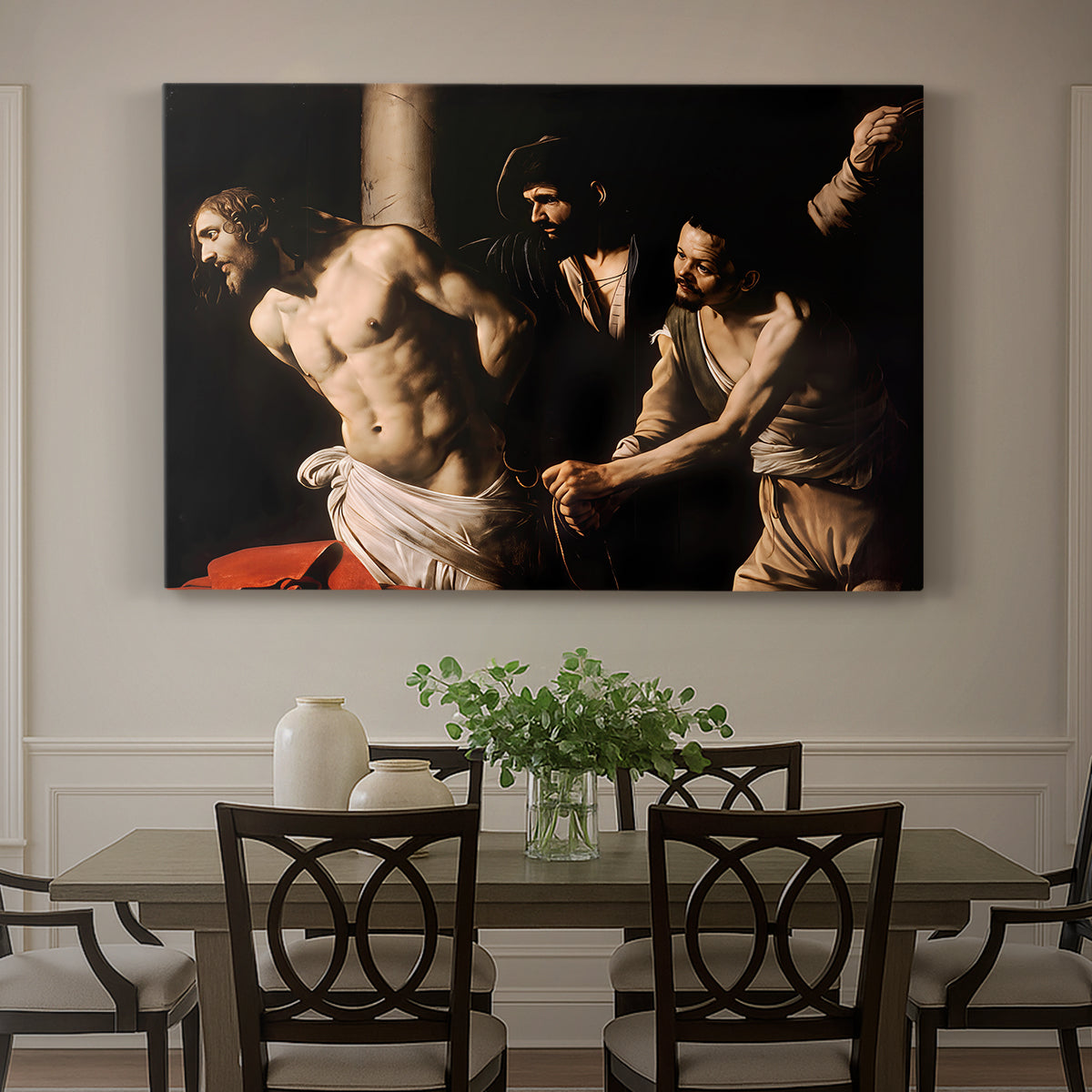 Canvas art print featuring Christ bound to column while being whipped by surrounding figures, showcased as a statement wall artwork