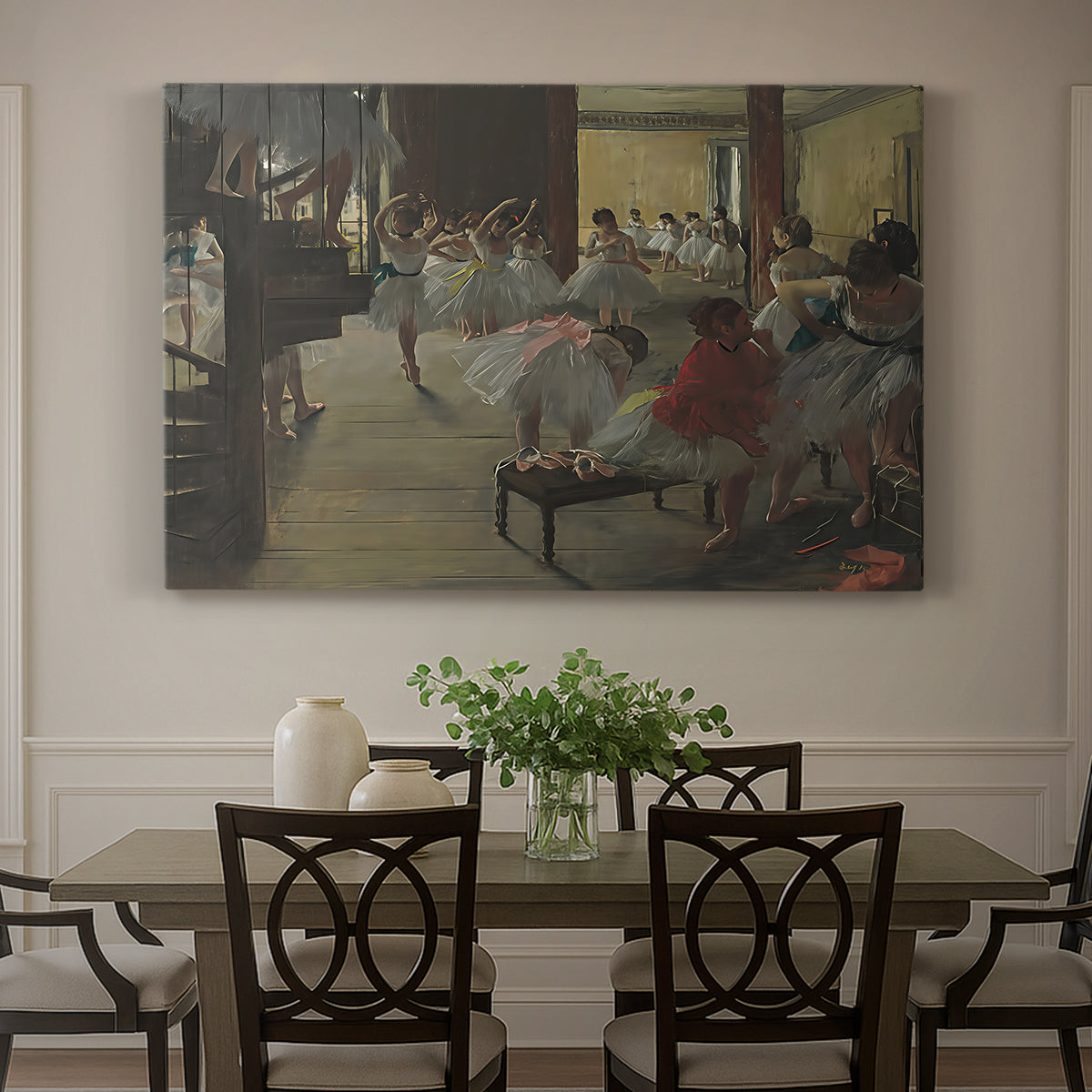 Canvas art print featuring ballerinas practicing in studio with instructor observing nearby, showcased as a statement wall artwork