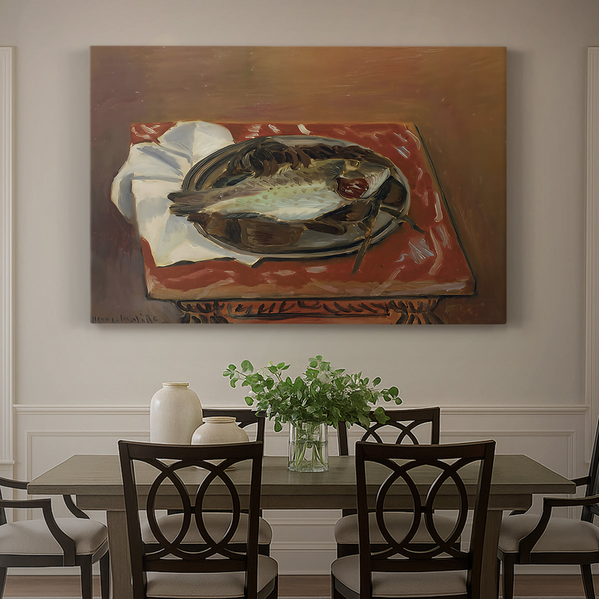 Canvas art print featuring a fish laid on a table in a simple still life arrangement, showcased as a statement wall artwork