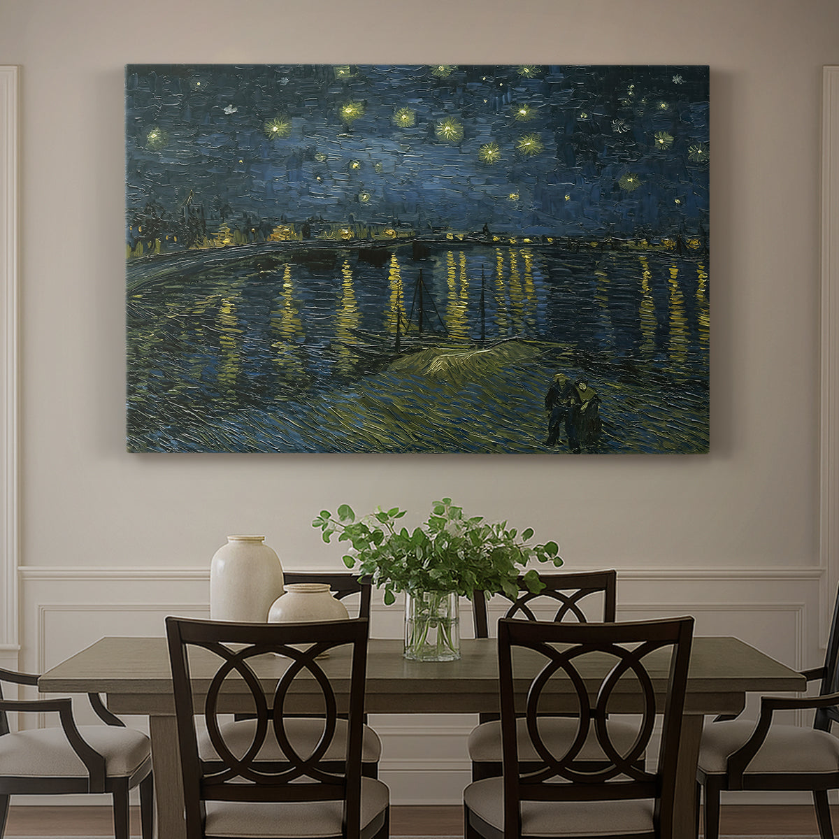 Canvas art print featuring a night river scene with reflections of lights and stars across water, showcased as a statement wall artwork