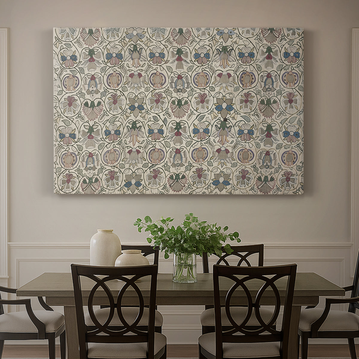 Canvas art print featuring a repeating floral pattern with symmetrical layout across elongated textile surface, showcased as a statement wall artwork
