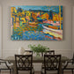 Canvas art print featuring a semi-abstract landscape with boats and shoreline suggested through bold color areas, showcased as a statement wall artwork