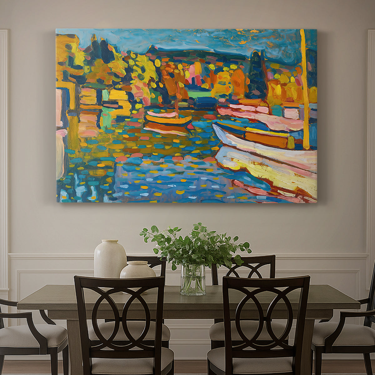Canvas art print featuring a semi-abstract landscape with boats and shoreline suggested through bold color areas, showcased as a statement wall artwork