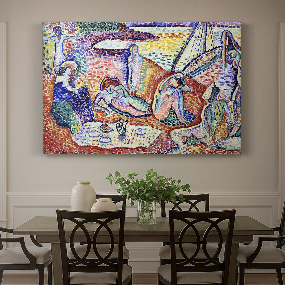Canvas art print featuring figures lounging outdoors in a vibrant coastal setting with water views, showcased as a statement wall artwork