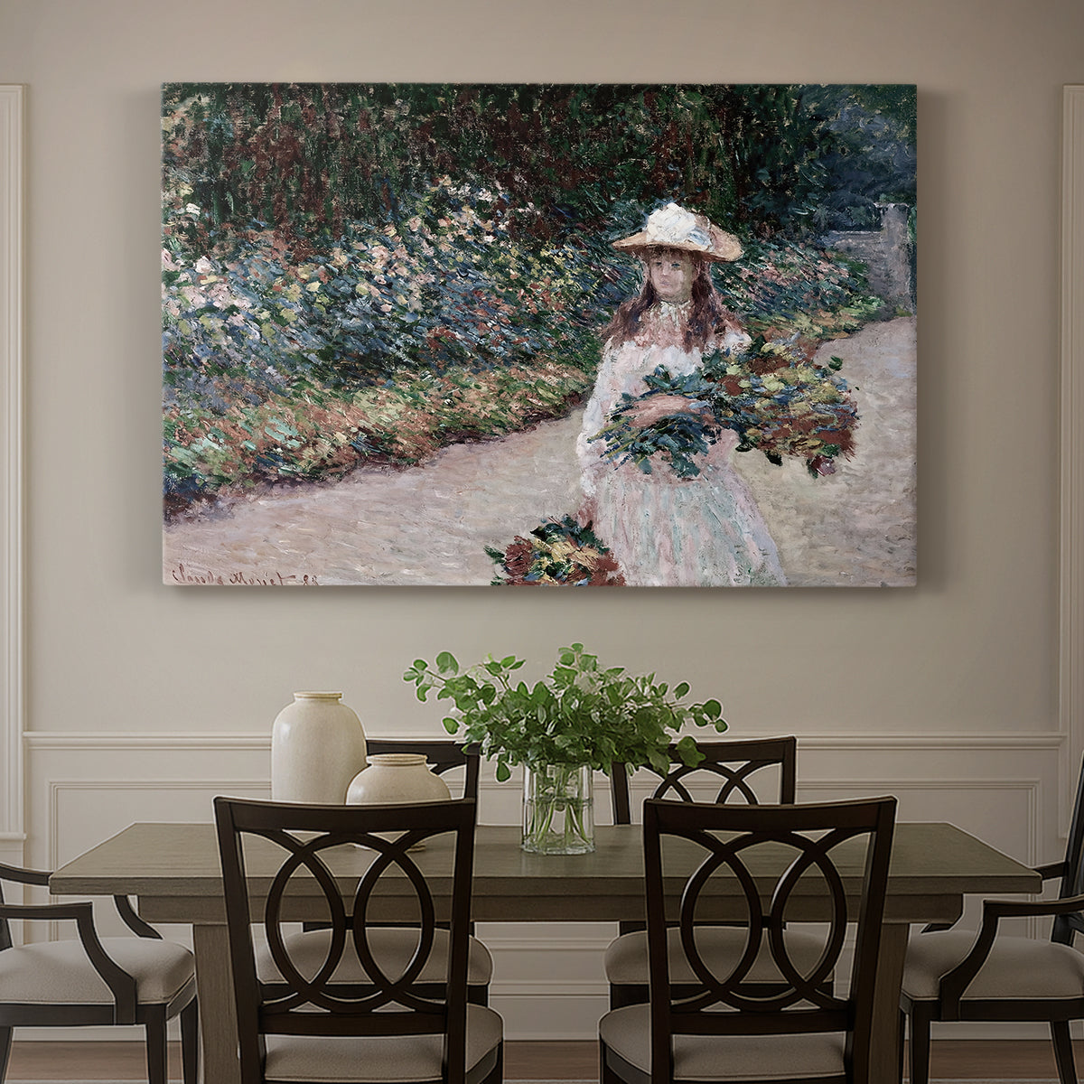 Canvas art print featuring a young girl seated in lush garden surrounded by blooming flowers, showcased as a statement wall artwork
