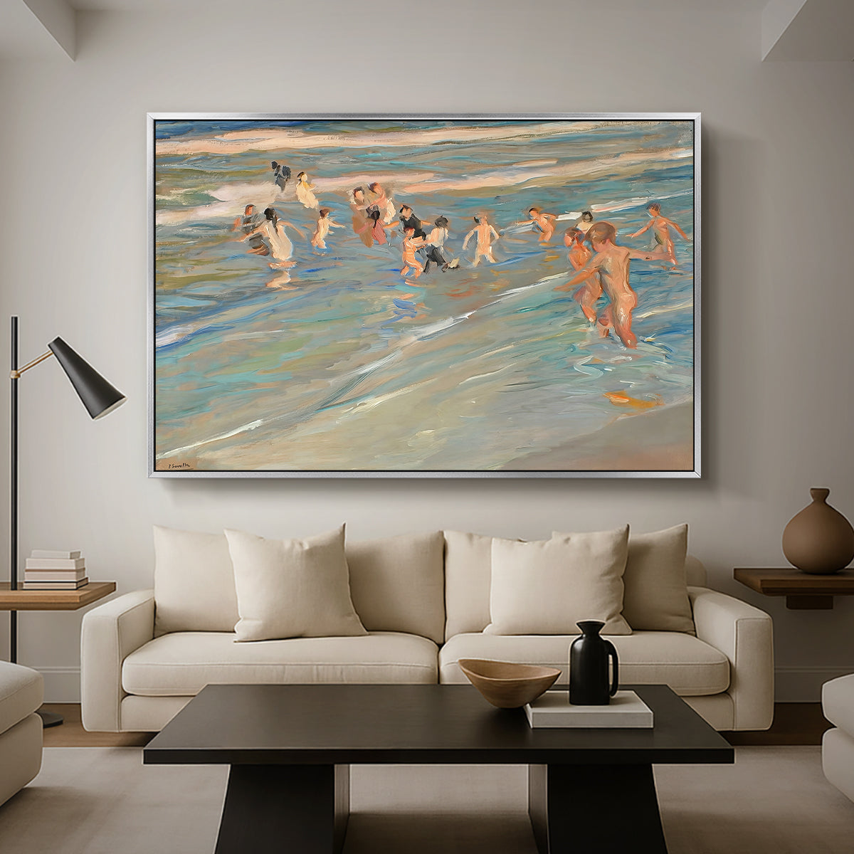 Children Playing on the Beach in Valencia, c. 1908 - Floater Framed Canvas Print