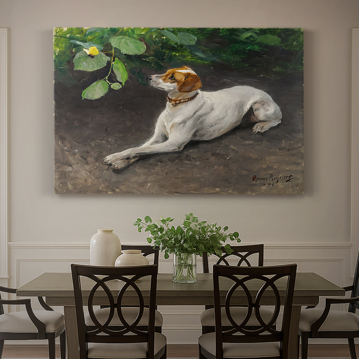 Canvas art print featuring a dog lying on ground with head raised in natural outdoor setting, showcased as a statement wall artwork