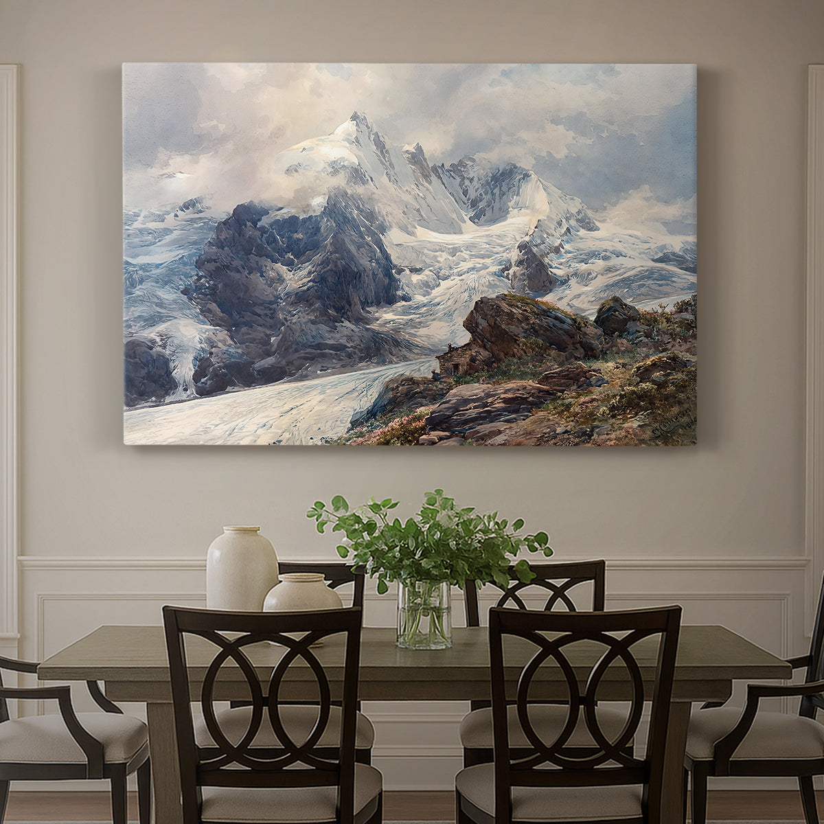 Canvas art print featuring a towering mountain peak rising above rocky alpine landscape, showcased as a statement wall artwork
