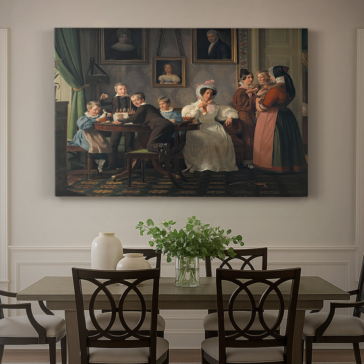 Canvas art print featuring a family group posed indoors around table with multiple figures, showcased as a statement wall artwork