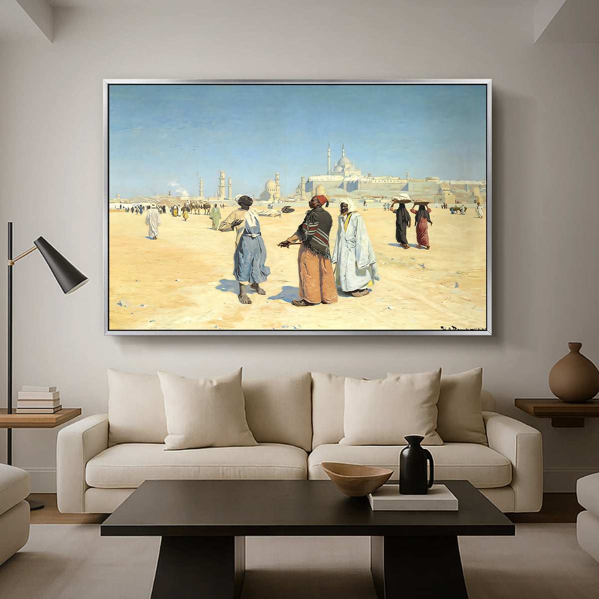 View from the Desert of Cairo with Citadel and Mamluk Tombs in the Background, c. 1889-1890 - Floater Framed Canvas Print