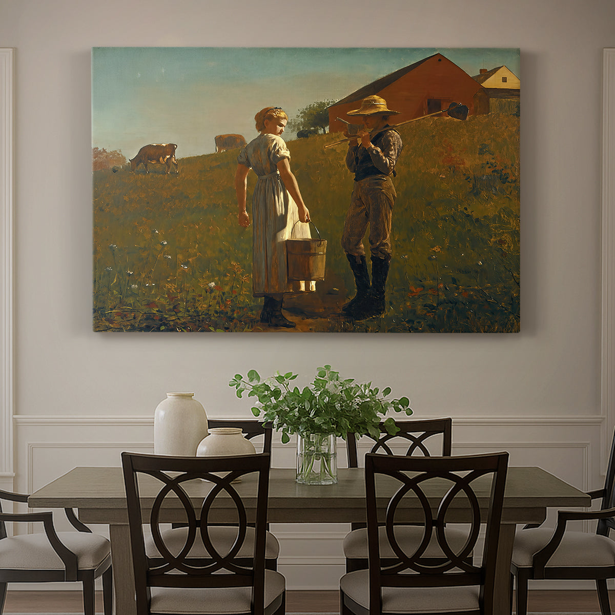 Canvas art print featuring two figures standing in open field near small building under wide sky, showcased as a statement wall artwork