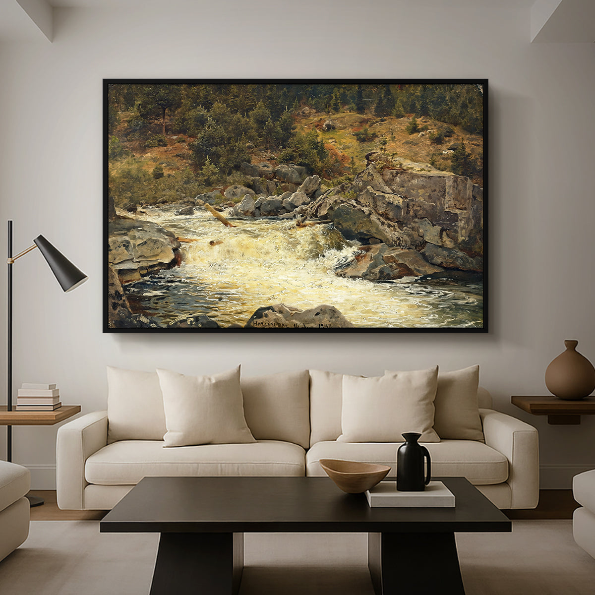 Waterfall in Hallingdal, 1848 - Floater Framed Canvas Print