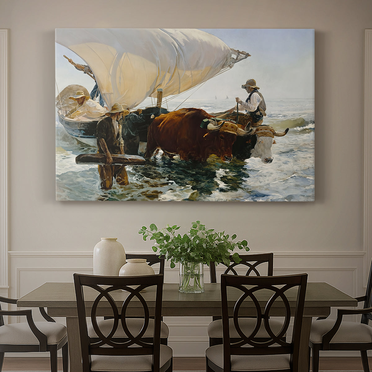 Canvas art print featuring fishermen pulling boat ashore with oxen along beach, showcased as a statement wall artwork