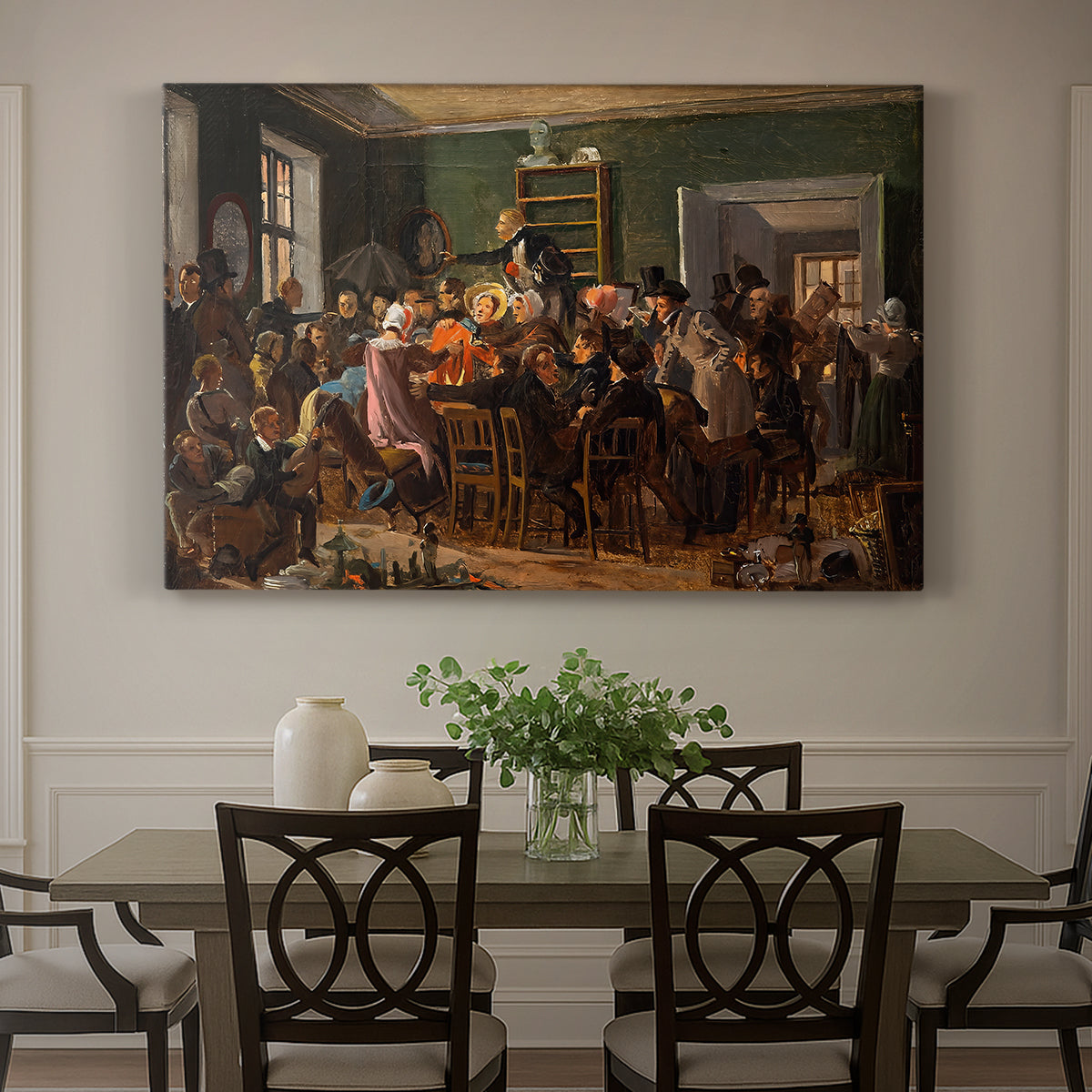 Canvas art print featuring a crowded interior with people gathered for auction activity, showcased as a statement wall artwork
