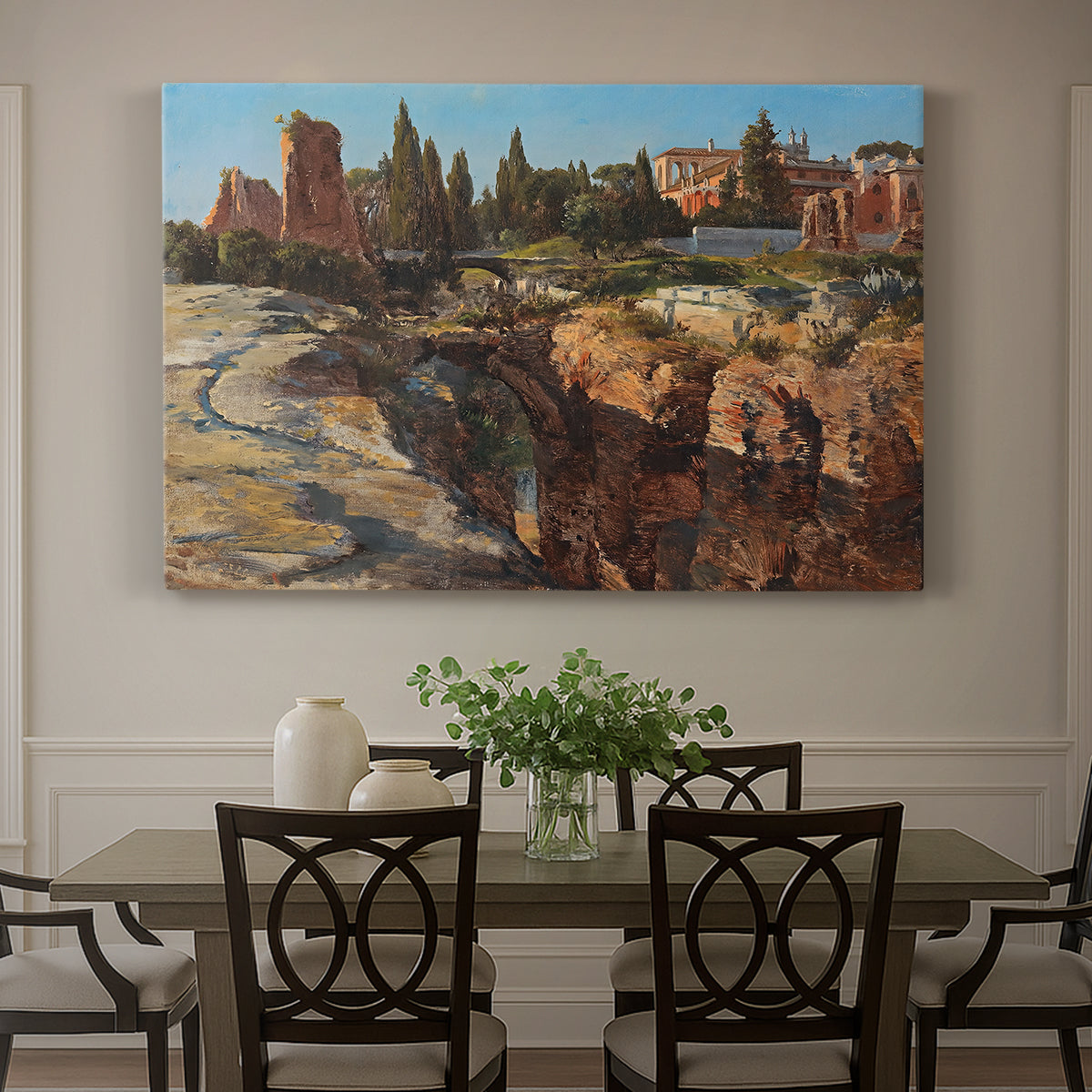 Canvas art print featuring historic Roman ruins and buildings set within warm landscape, showcased as a statement wall artwork