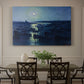 Canvas art print featuring fishing boats resting in harbor under moonlit sky, showcased as a statement wall artwork
