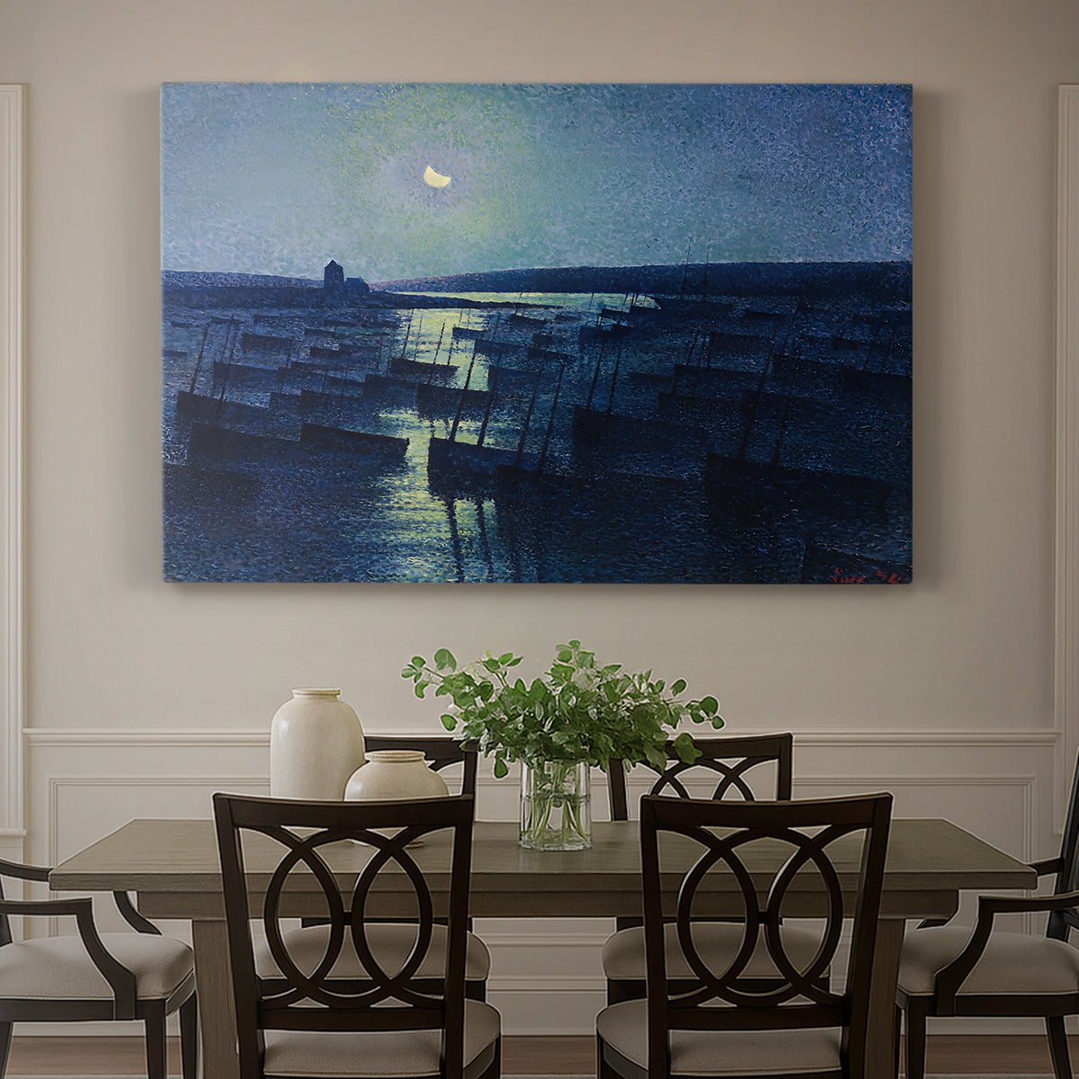 Canvas art print featuring fishing boats resting in harbor under moonlit sky, showcased as a statement wall artwork