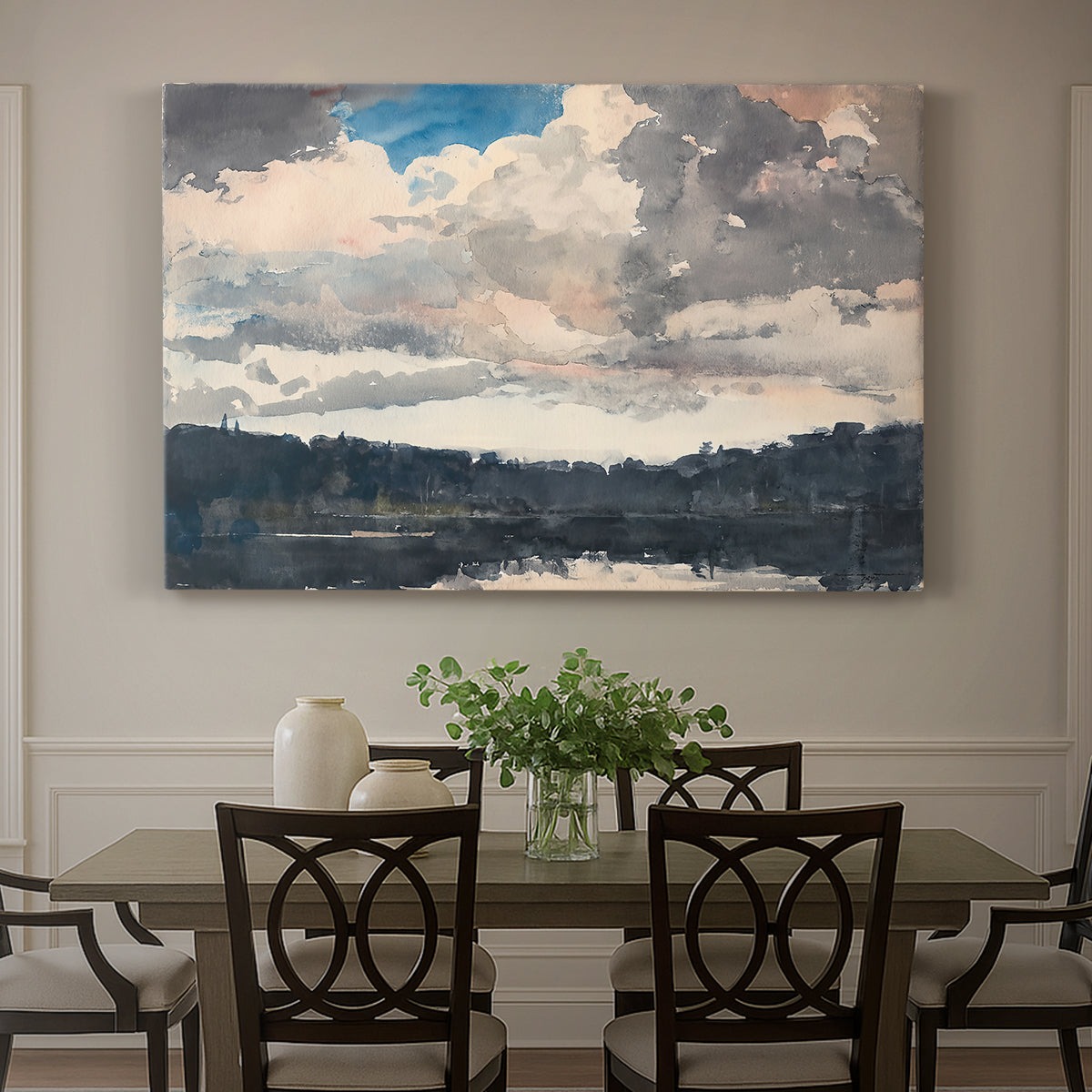 Canvas art print featuring a single boat floating on still lake surrounded by forested shoreline, showcased as a statement wall artwork